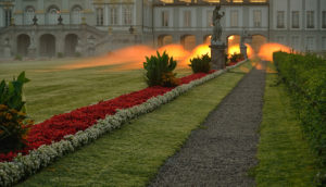 Germany, Bavaria, park at sunrise with fog in Nymphenburg with castle Germany, Bavaria, park at sunrise with fog in Nymphenburg with castle